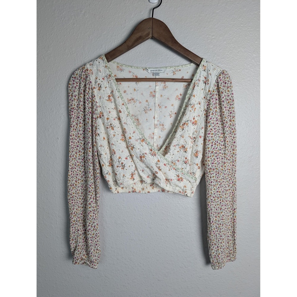 American Eagle Blouse Womens XS White Floral Eyelet Wrap Cropped Long Sleeve Top